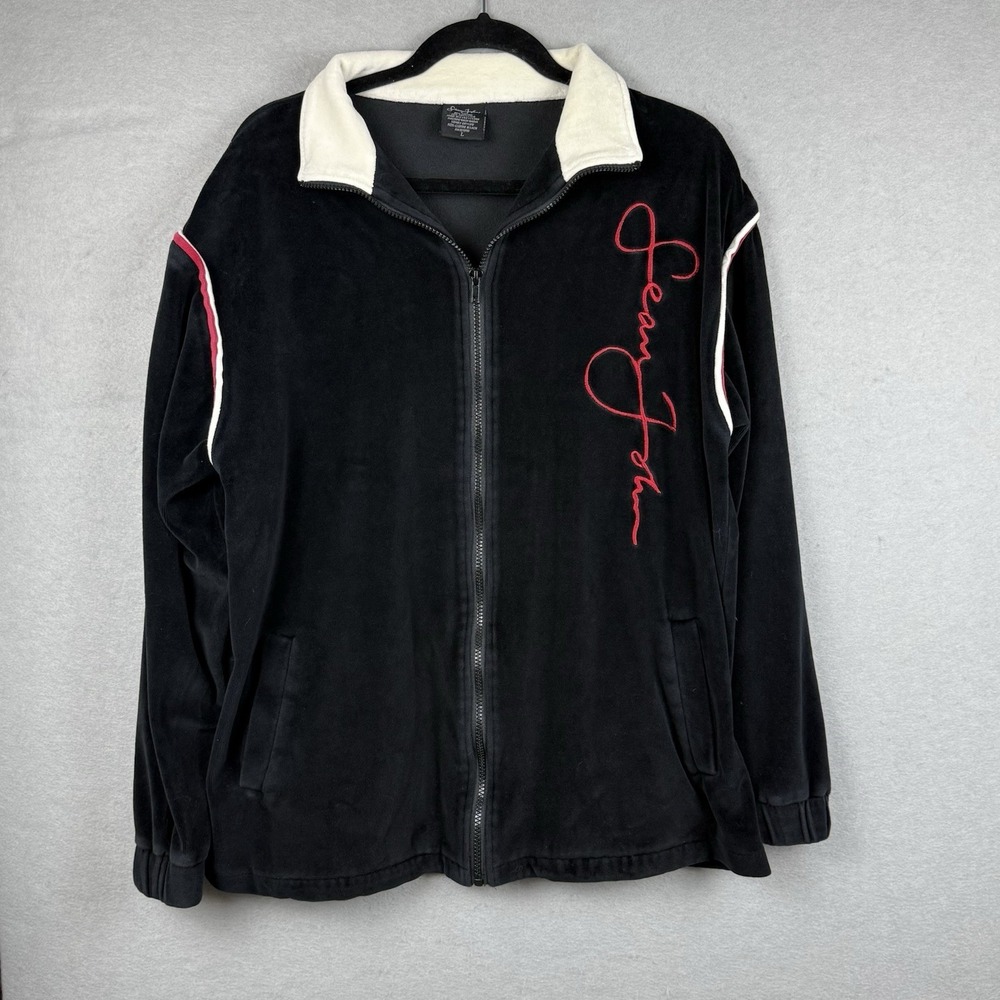 Y2K Sean John Men's L Black Red Velour Tracksuit Vintage Logo 2-Piece Set